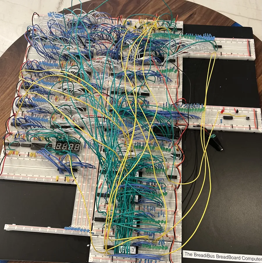 A photo of a breadboard computer. The board is covered in different colored wires.